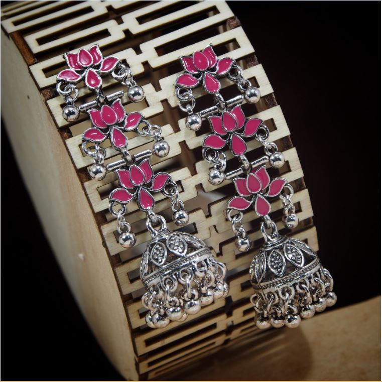 Antique Silver/Gold Plated Triple Layered Floral Enamel Work Jhumka Earring- AER 311