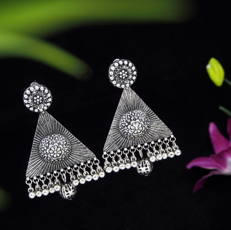 Antique Gold/Silver Plated Triangle Shaped Design Artwork Golden Beads Trendy Earring- AER 3202