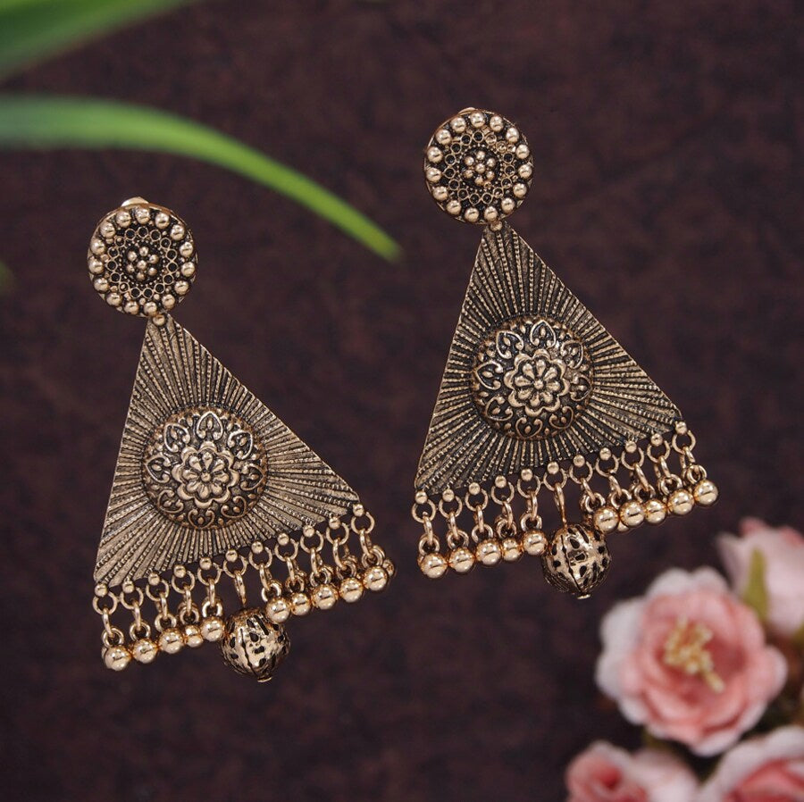 Antique Gold/Silver Plated Triangle Shaped Design Artwork Golden Beads Trendy Earring- AER 3202