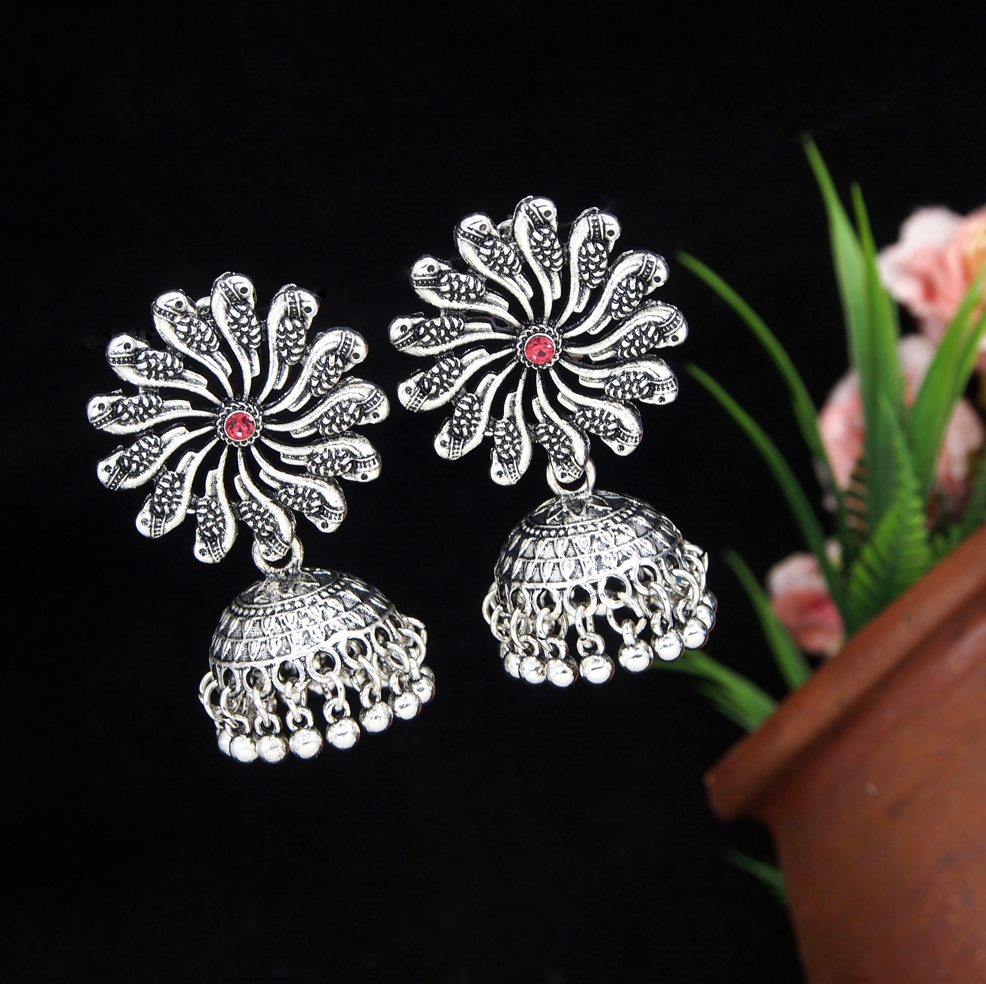 Antique Gold/Silver Plated Floral Peacock Design Hanging Beads Jhumki Earring- AER 3206