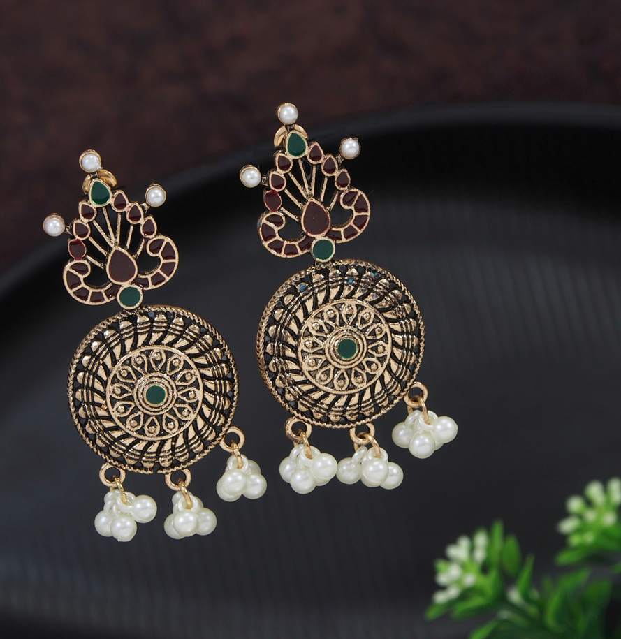 Antique Gold/Silver Plated Hanging Pearl Minakari Dangle Earring