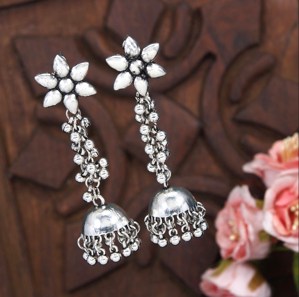 Antique Gold/Silver Plated Floral Design Hanging Beads Long Jhumka Earring