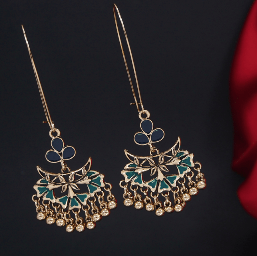 Antique Gold Plated Dual Colour Floral Hook Long Earring- AER 3225