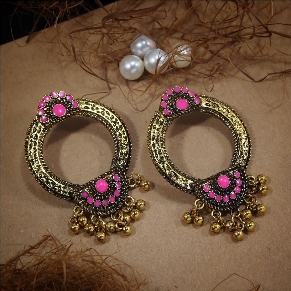 Antique Gold Plated Circular Shaped Earring With Floral Colored Enamel Work and Ghungroos- AER 336