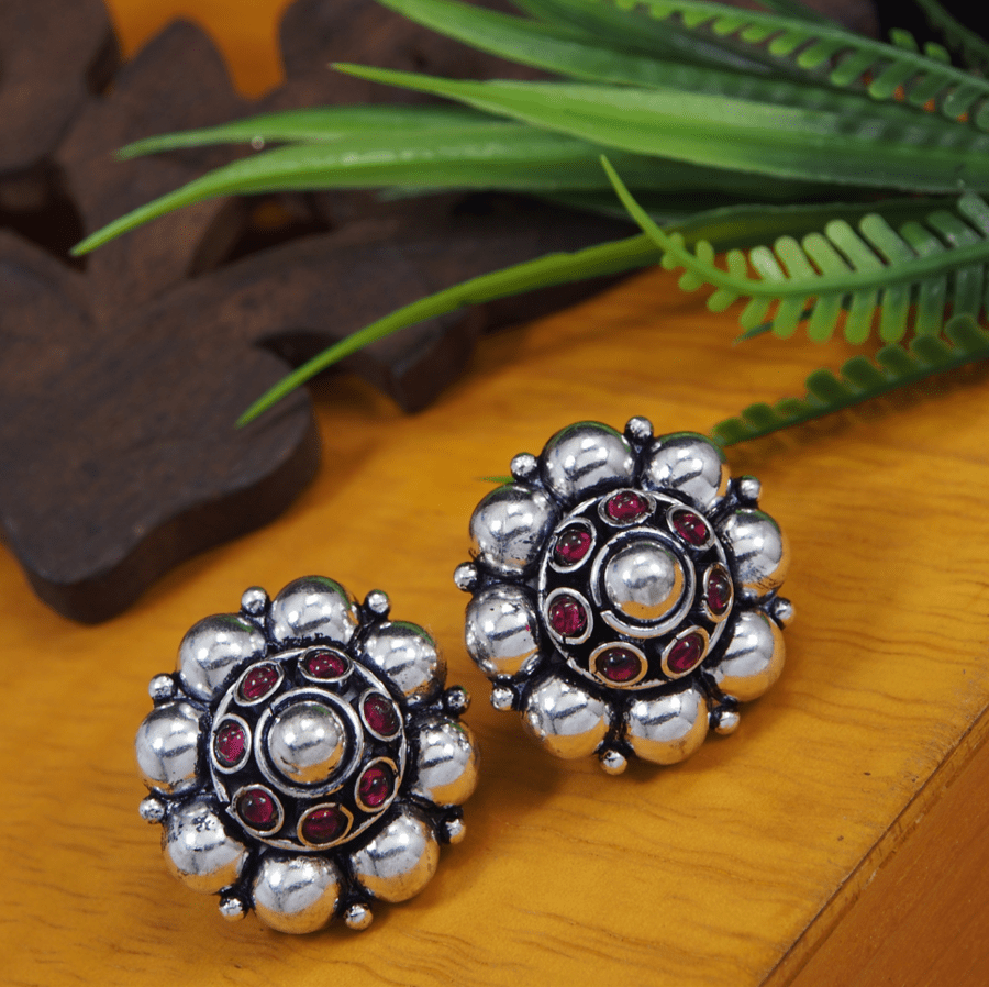 Antique Silver Plated Pink and White Floral Stud Earring- AER 3548