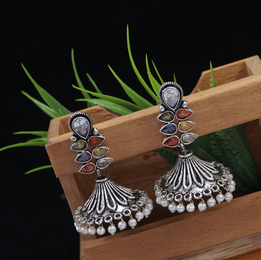Antique Silver Plated Multi Colours Tribal Jhumki Earring- AER 3549