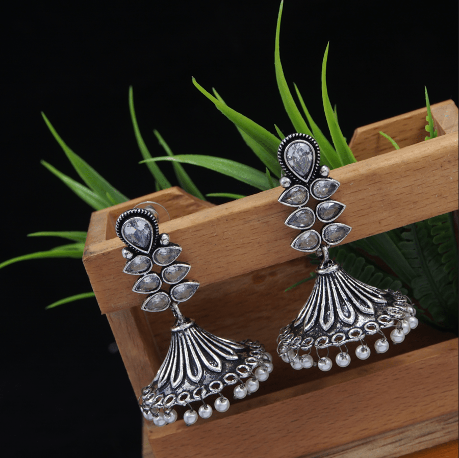 Antique Silver Plated Multi Colours Tribal Jhumki Earring- AER 3549
