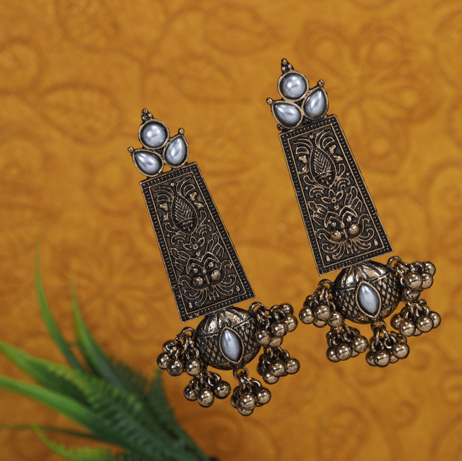 Antique Gold/Silver Plated Long Oxidised Earring- AER 3551