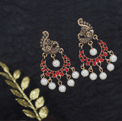 Antique Gold /Silver Plated Peacock Designed Enamel Artwork with Dangling Pearl Earring- AER 3559