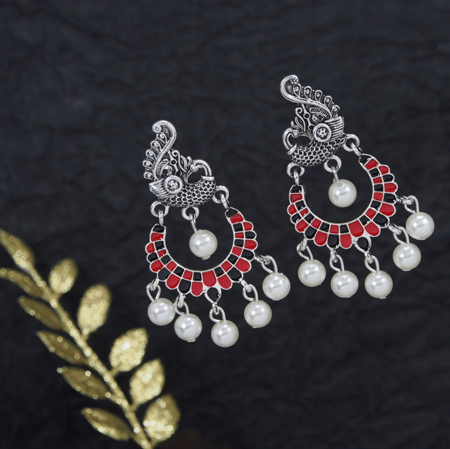 Antique Gold /Silver Plated Peacock Designed Enamel Artwork with Dangling Pearl Earring