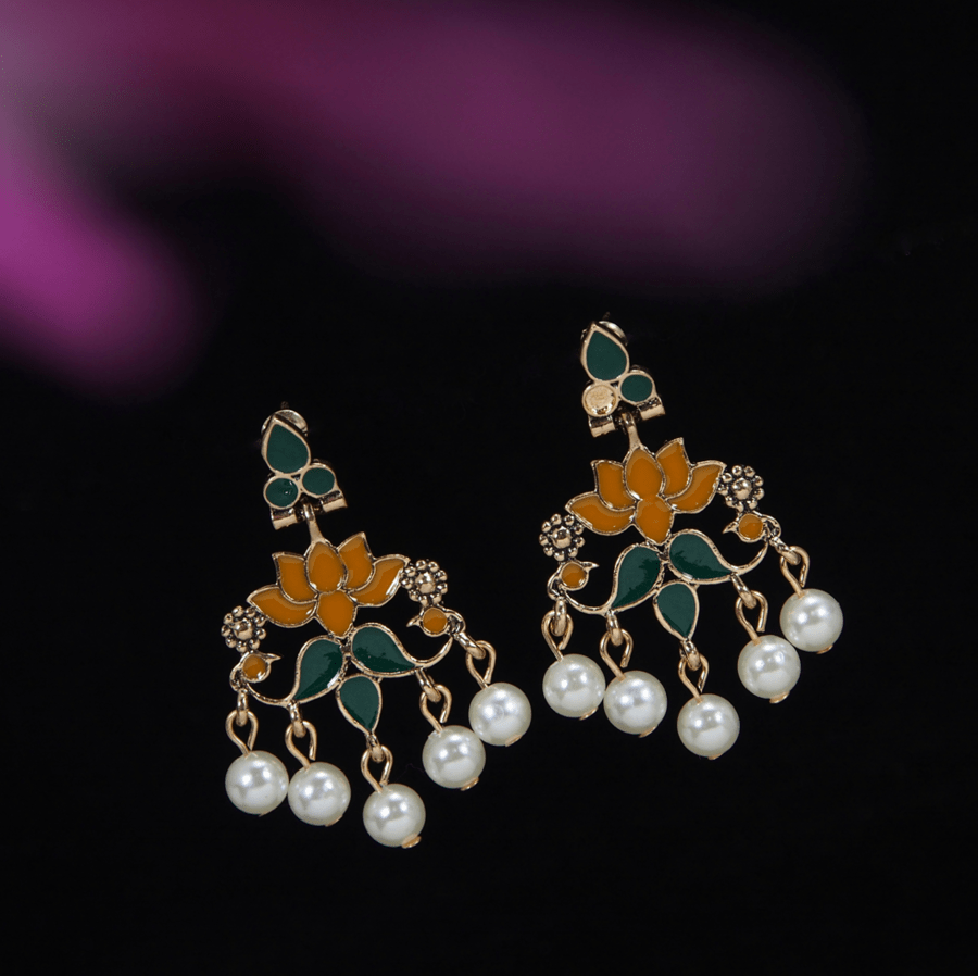 Antique Gold /Silver Plated Enamel Lotus Designed Dangling Pearl Earring- AER 3560