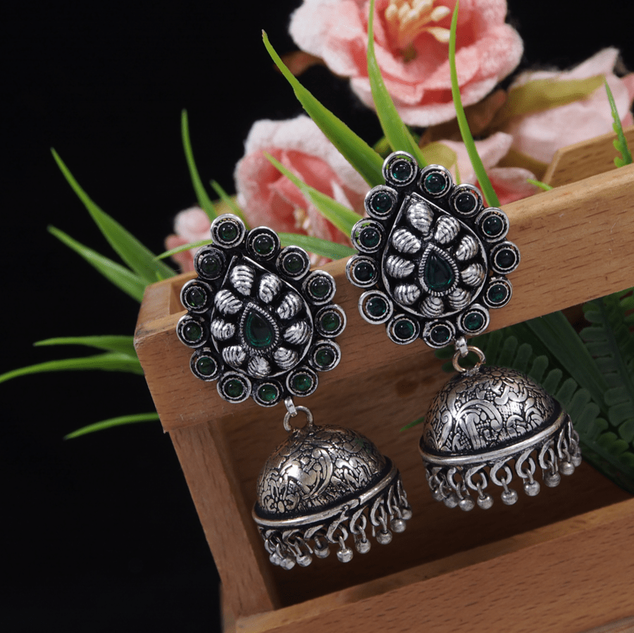 Antique Silver Plated Artwork Silver Beads Jhumki Earring