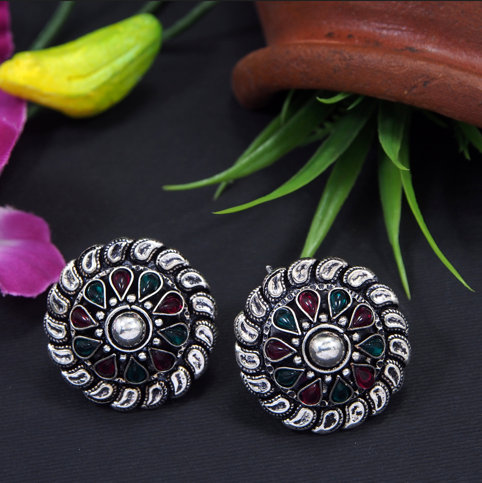 Silver Plated Circle Shaped Multi Coloured Stud Earring- AER 3586