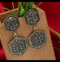 Antique Gold/Silver Plated Rustic Hexagon Shaped Dangle Earring- AER 3609