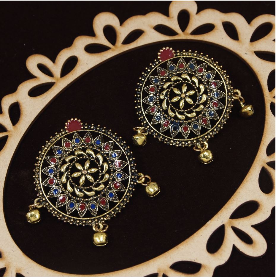 Antique Silver/Gold Circular Shaped Dual Colored Enamel Artwork Earring- AER 381