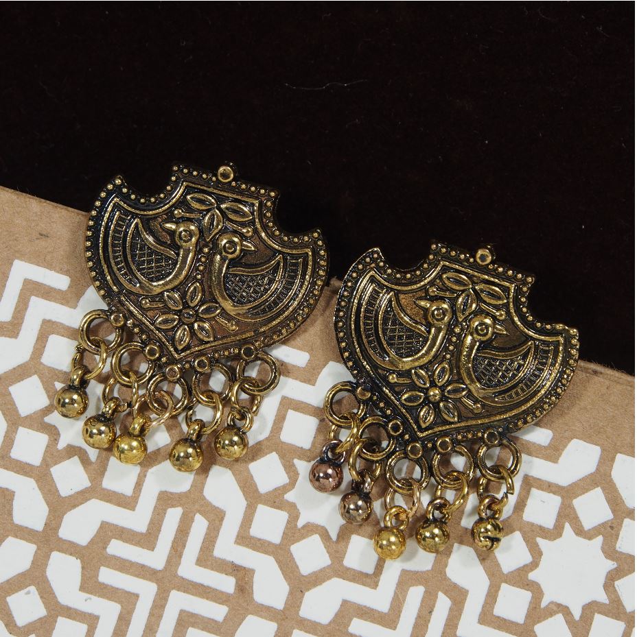 Antique Gold/Silver Oxidized Ethnic Peacock Designed Stud Earring- AER 394