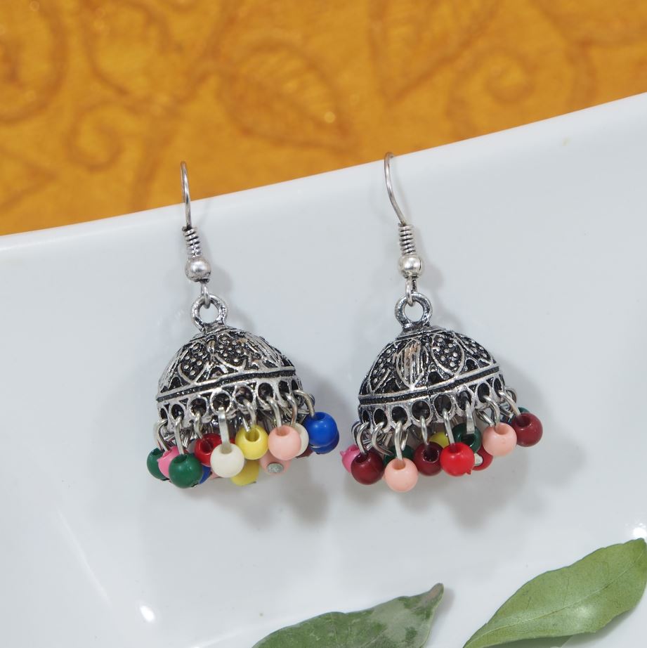 Antique Silver / Gold Plated Multicolored Beads Oxidised Jhumki Earring- AER 402