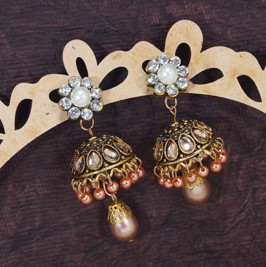 Antique Silver / Gold Plated Floral Pearl Stone Studded Ethnic Jhumki Earring- AER 404