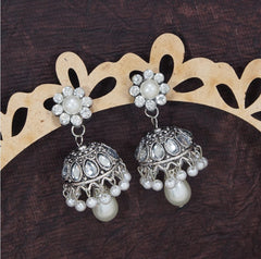 Antique Silver / Gold Plated Floral Pearl Stone Studded Ethnic Jhumki Earring- AER 404