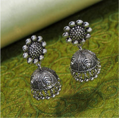 Antique Silver / Gold Plated Floral Artwork Studded Jhumka Earring- AER 408