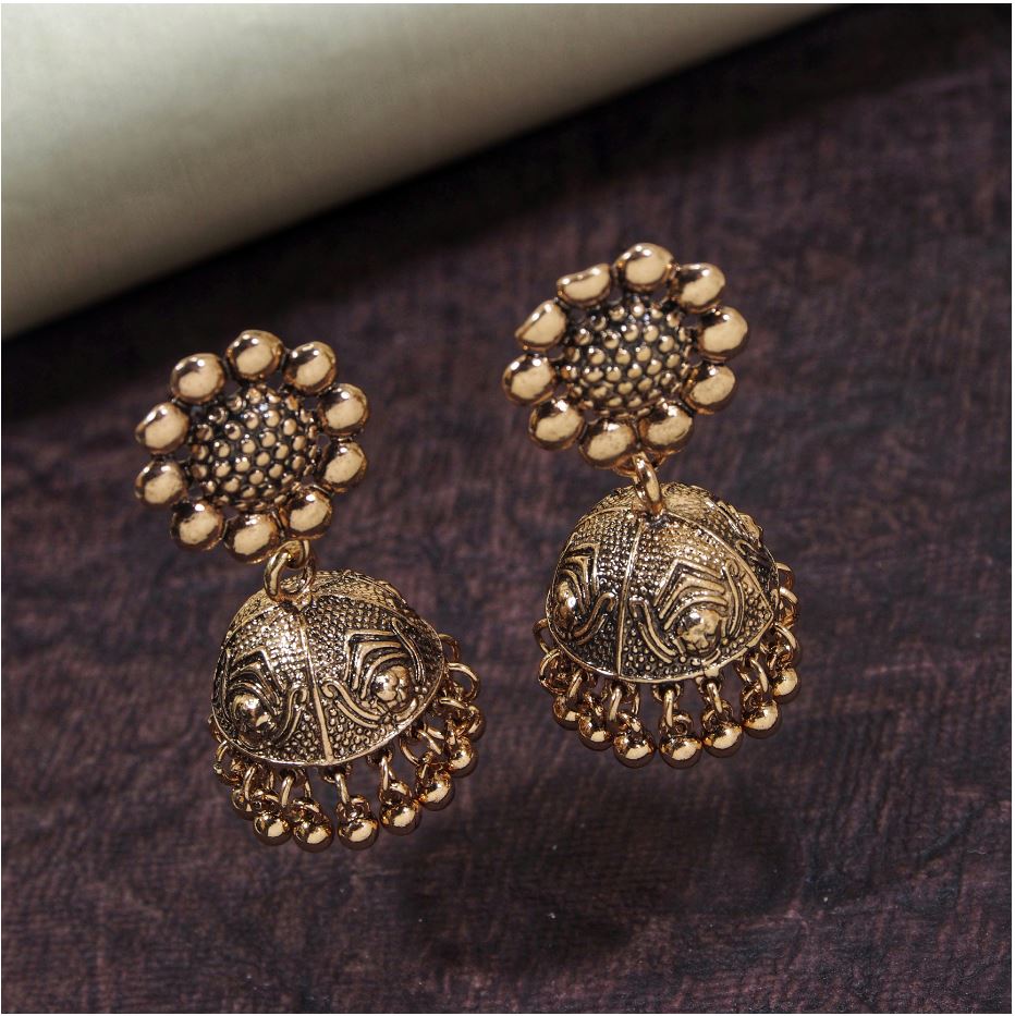 Antique Silver / Gold Plated Floral Artwork Studded Jhumka Earring- AER 408