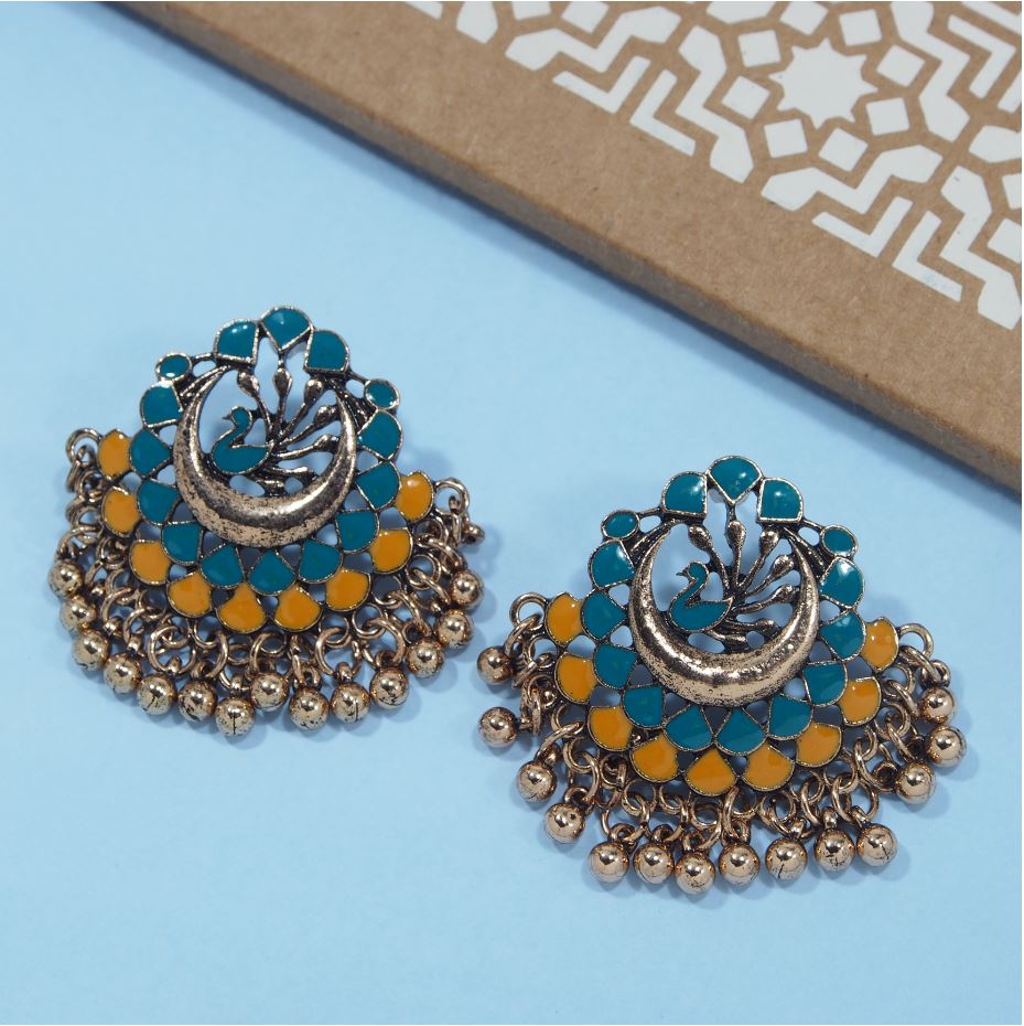 Antique Silver / Gold Plated Peacock Designed Enamel Work Studded Ethnic Earring- AER 425