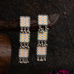 Silver Plated Square Shaped Linked Enamel Artwork With Beads Fashion Antique Earring- AER 1559