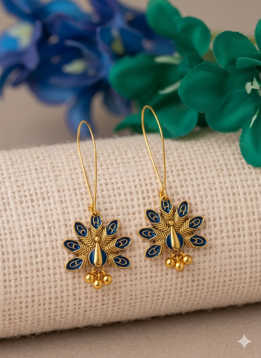 Silver/Gold Plated Long Hook Closure Hanging Peacock Enamel Artwork Design Antique Fashion Earring