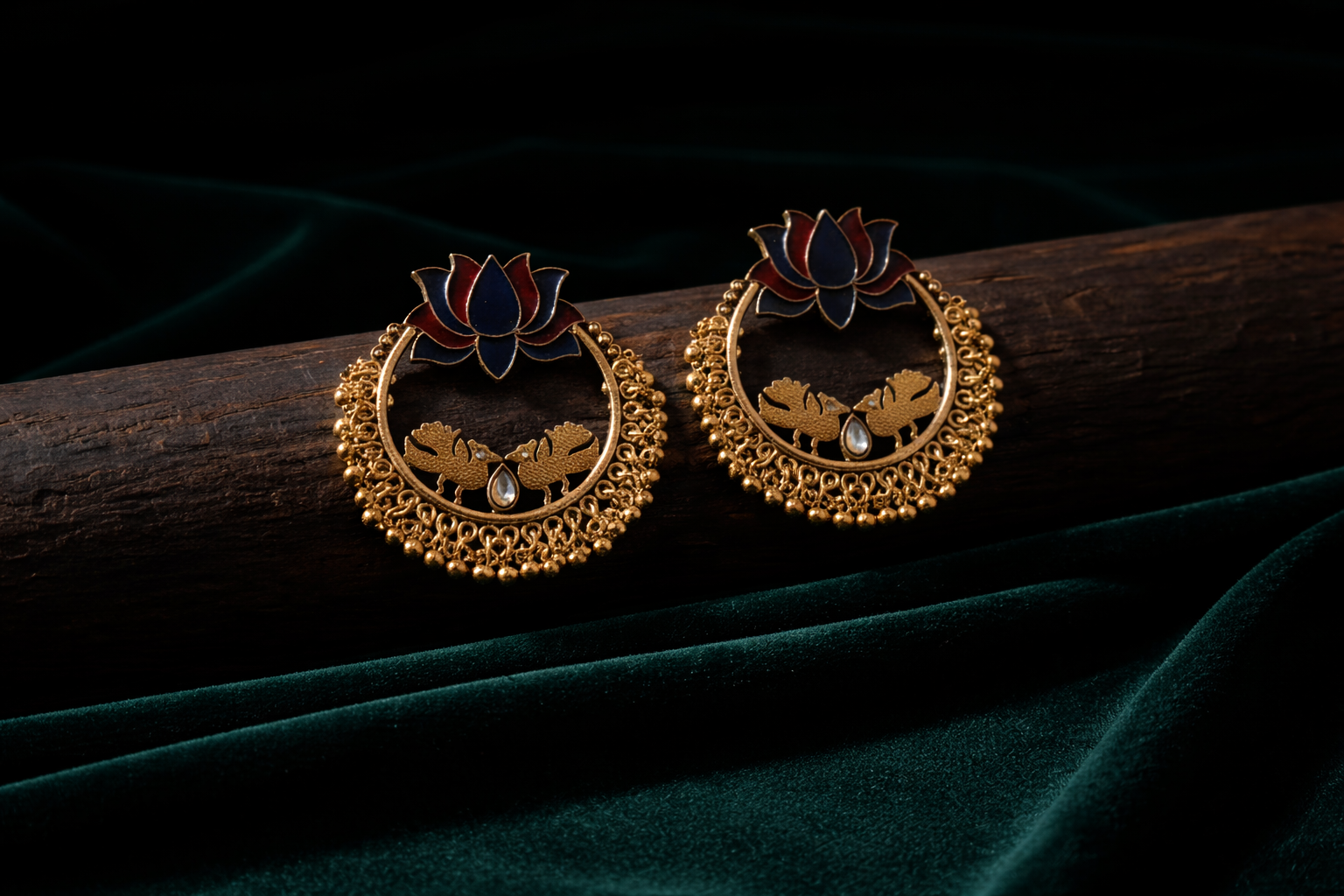 Gold Plated Lotus Designed Dual Colored Enamel With Beads Designed Antique Earring