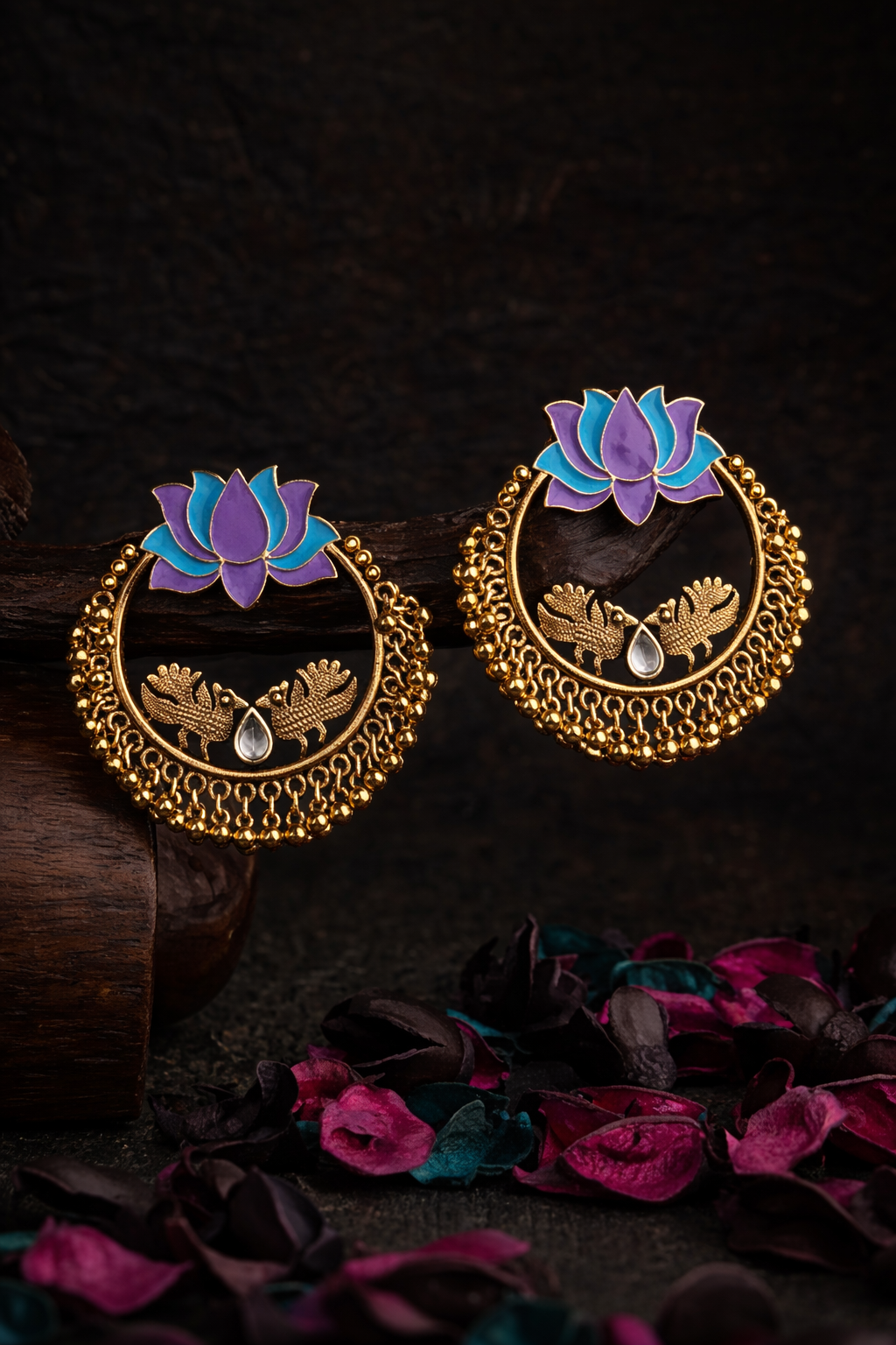 Gold Plated Lotus Designed Dual Colored Enamel With Beads Designed Antique Earring