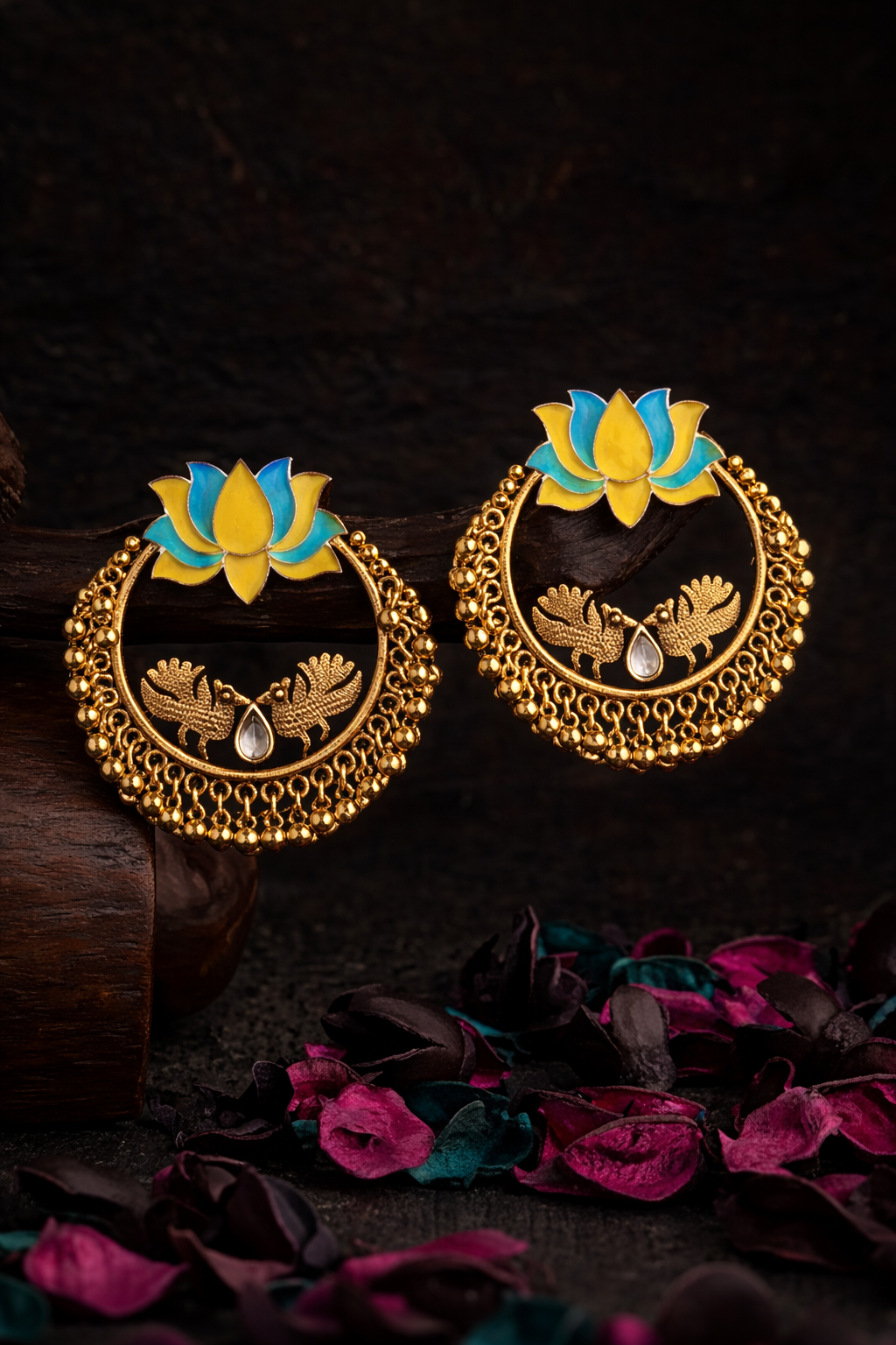 Gold Plated Lotus Designed Dual Colored Enamel With Beads Designed Antique Earring