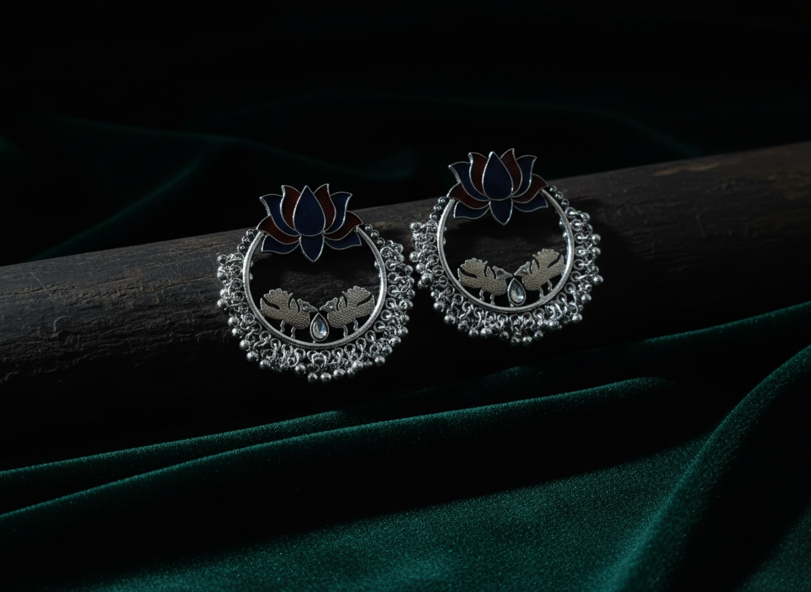 Silver Plated Lotus Designed Dual Colored Enamel With Beads Designed Antique Earring