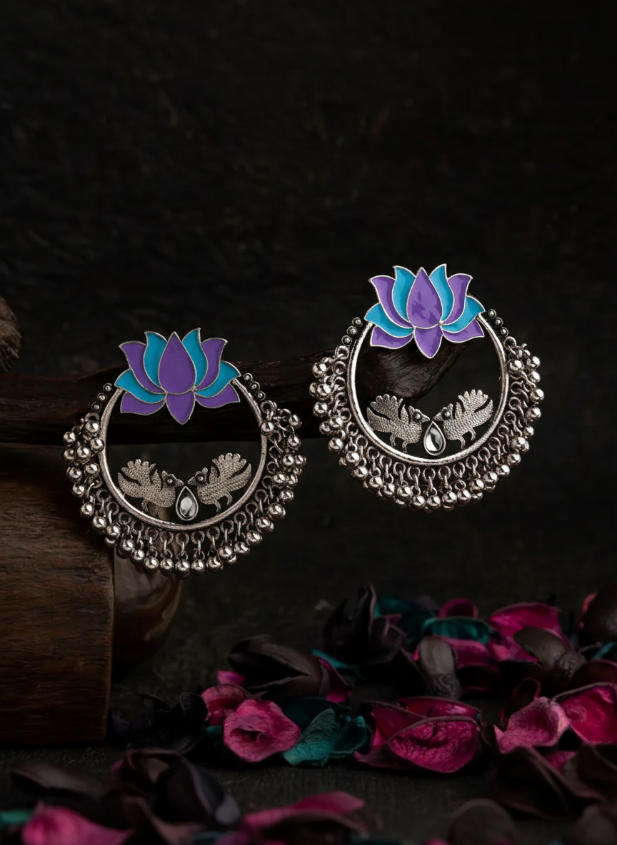 Silver Plated Lotus Designed Dual Colored Enamel With Beads Designed Antique Earring