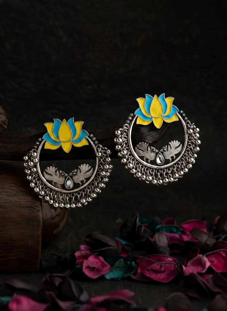 Silver Plated Lotus Designed Dual Colored Enamel With Beads Designed Antique Earring