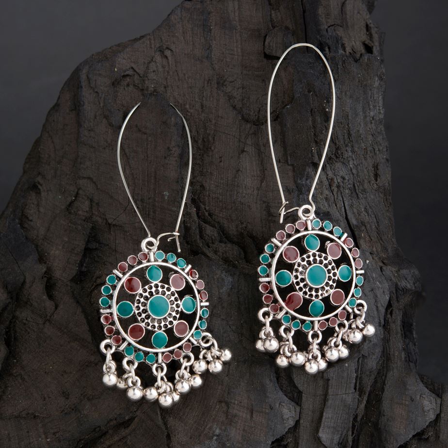 Silver Plated Long Hook Closure Hanging Floral Dual Colored Enamel Artwork With Beads Fashion Antique Earring- AER 1696