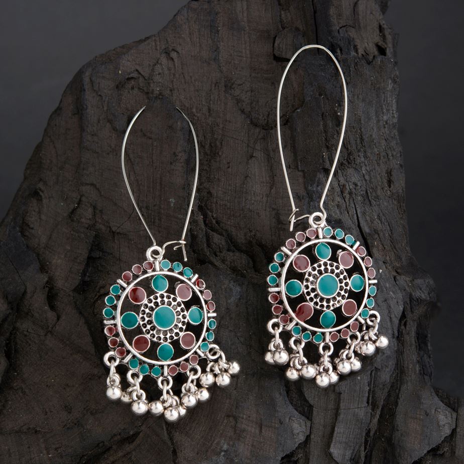 Silver Plated Long Hook Closure Hanging Floral Dual Colored Enamel Artwork With Beads Fashion Antique Earring