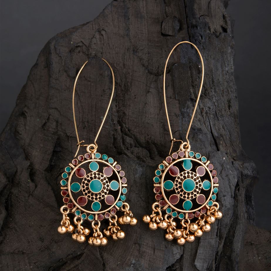 Gold Plated Long Hook Closure Hanging Floral Dual Colored Enamel Artwork With Beads Fashion Antique Earring- AER 1697