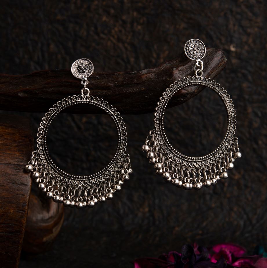 Silver / Gold Plated Circle Shaped Design Artwork With Beads Fashion Antique Oxidised Earring - 1715