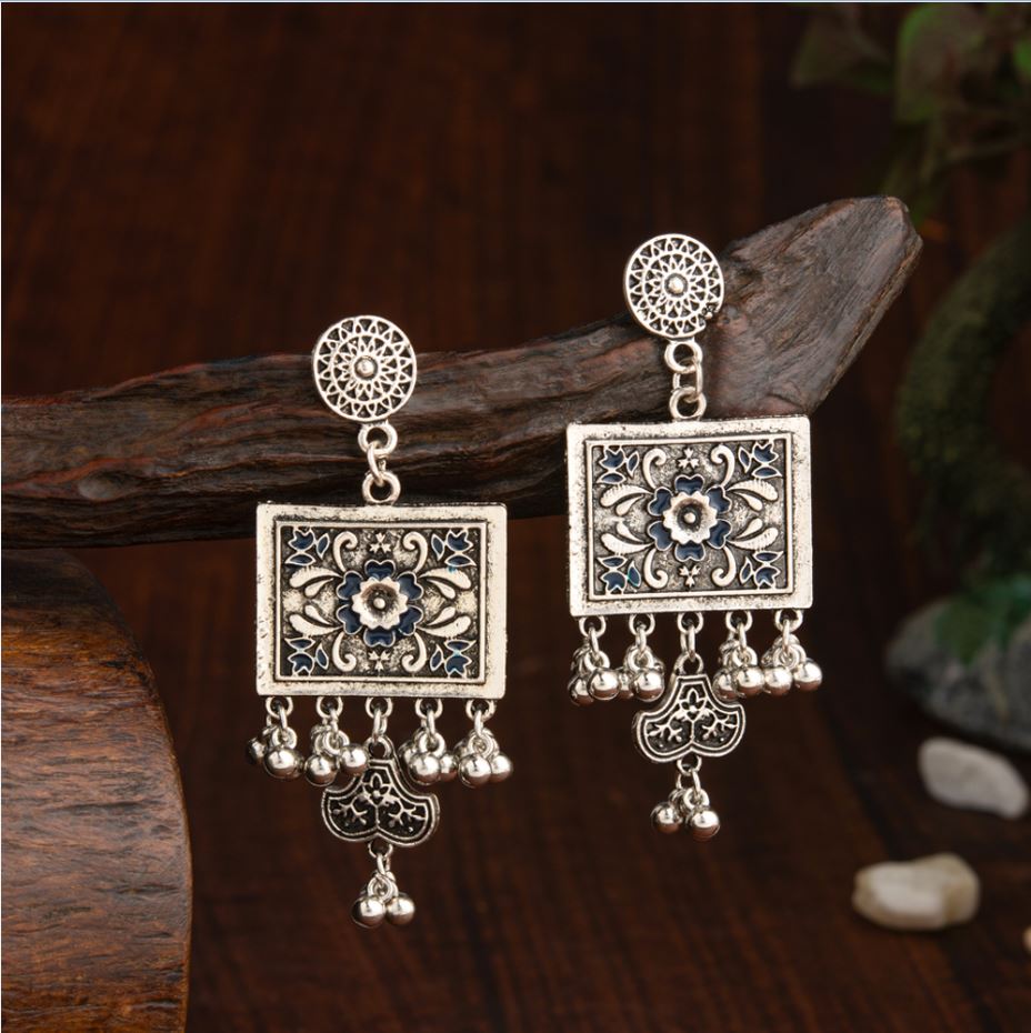 Oxidised Silver Plated Geometric Shaped Enamel Artwork With Hanging Beads Fashion Antique Earring- AER 2184