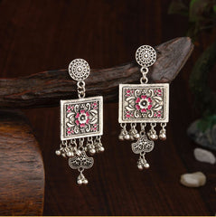 Oxidised Silver Plated Geometric Shaped Enamel Artwork With Hanging Beads Fashion Antique Earring- AER 2184