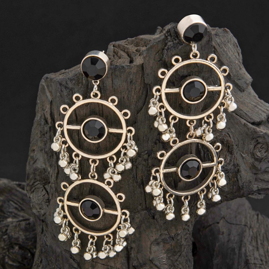 Silver Plated Round Shaped Two Layered Designed Stone Studded With Beads Fashion Antique Earring- AER 2202