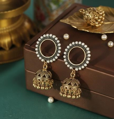Antique Silver plated round shaped Jhumki with Ghungroos and pearl