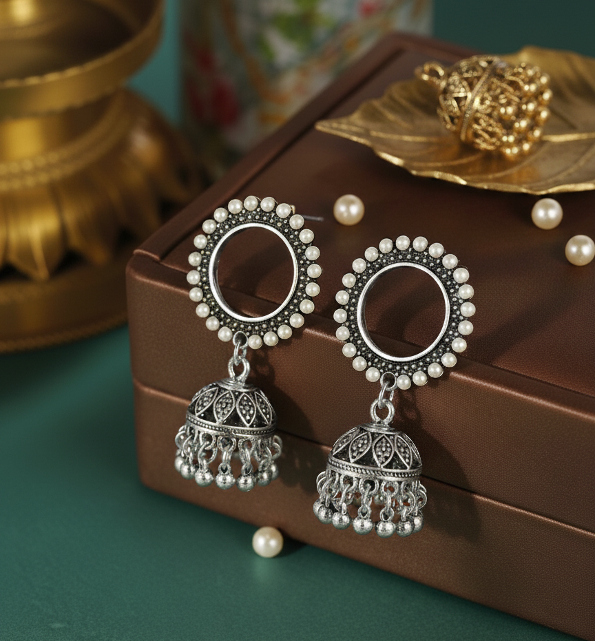 Antique Silver plated round shaped Jhumki with Ghungroos and pearl