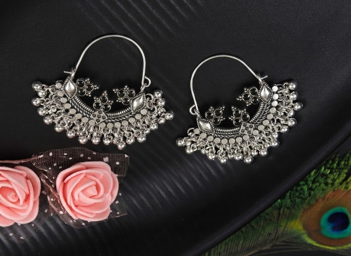 Silver Plated Multi Coloured Hanging Silver Beads Chandbali Earring