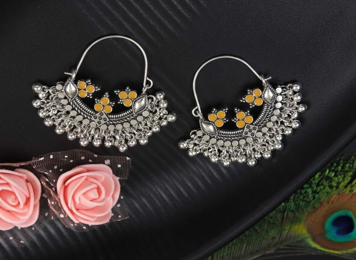 Silver Plated Multi Coloured Hanging Silver Beads Chandbali Earring