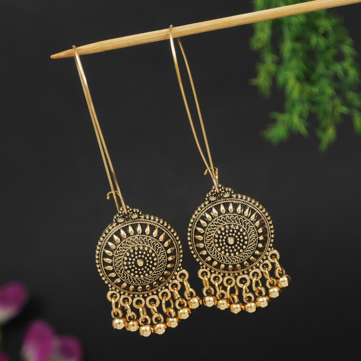 Gold / Silver Plated Long Hook Closure Hanging Floral Designed Artwork With Beads Fashion Antique Earring