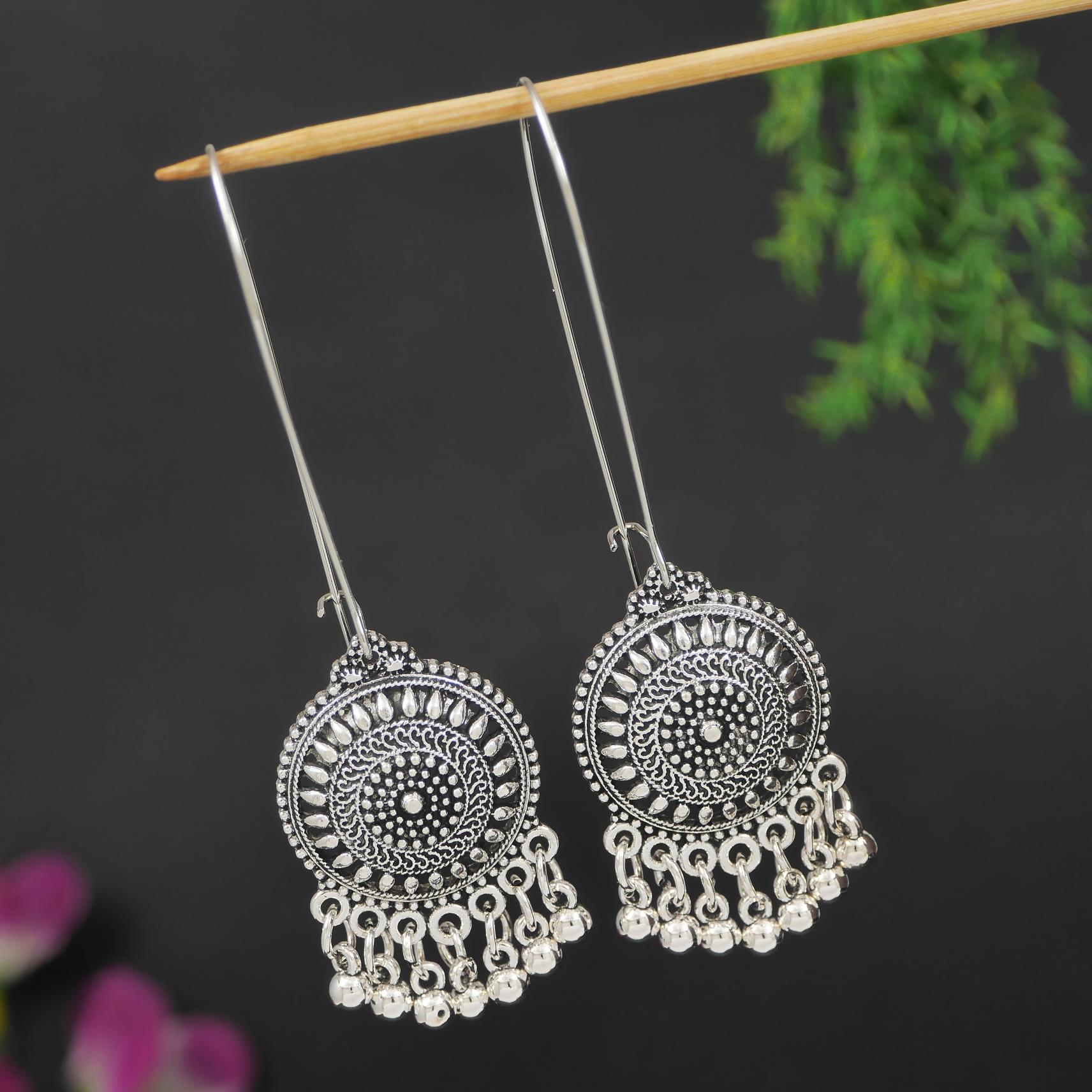 Gold / Silver Plated Long Hook Closure Hanging Floral Designed Artwork With Beads Fashion Antique Earring