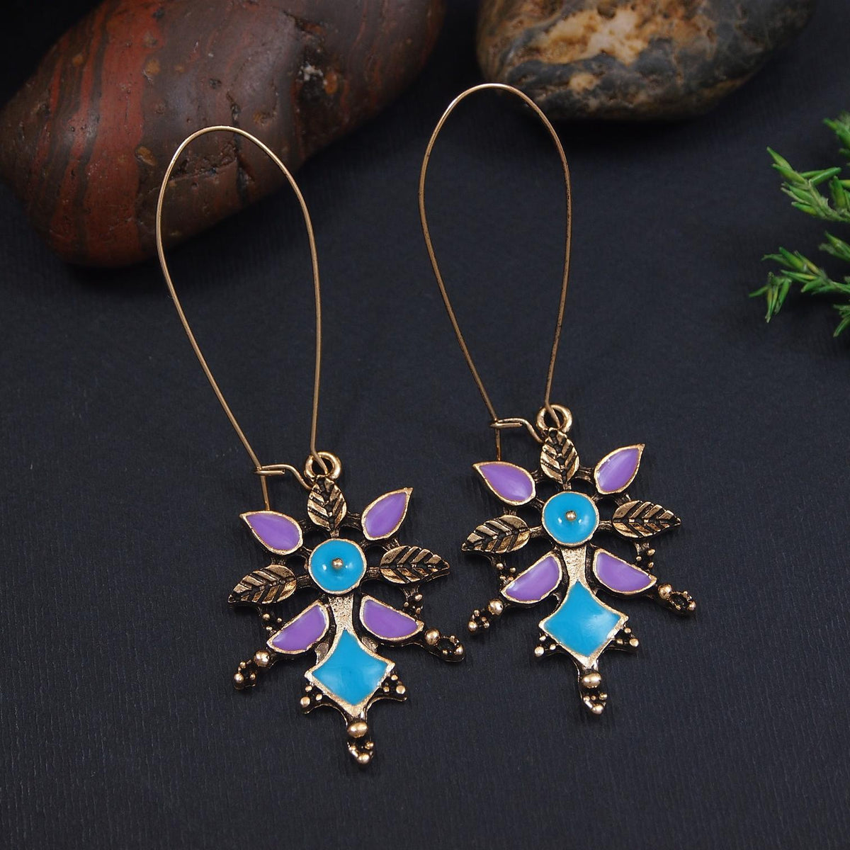 Floral Mosaic Drop Antique Gold/Silver Plated Dual Coloured Enamel Dangler Earring