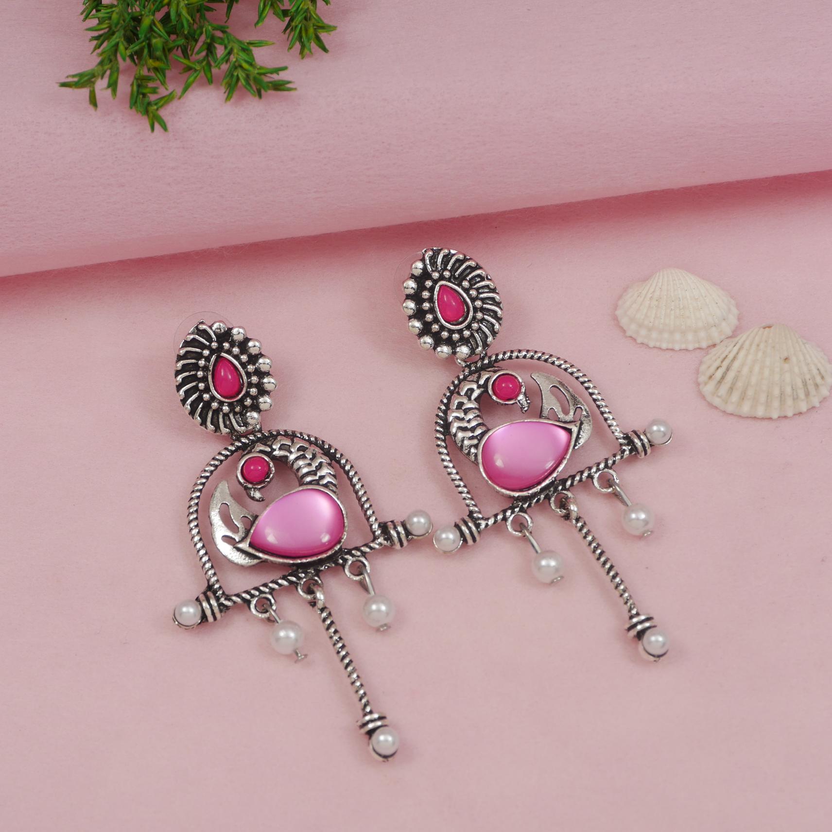 Antique Silver Plated Dual Coloured Enamel Dangler Earring