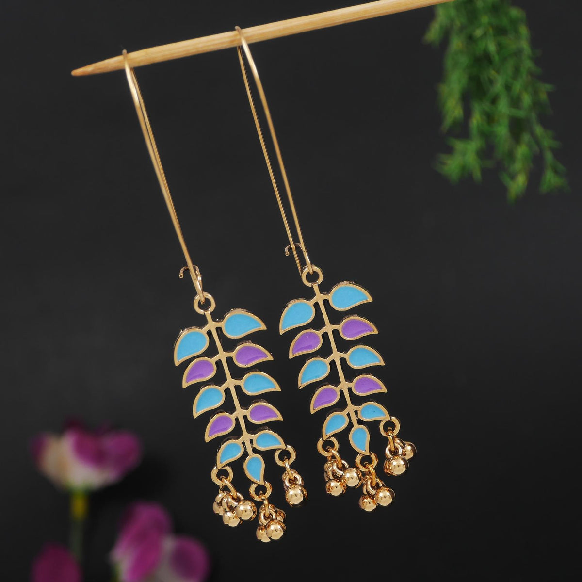 Delicate Leaf-Branch Long Wire Dangles An Antique Gold Plated Dual Coloured Enamel Earring